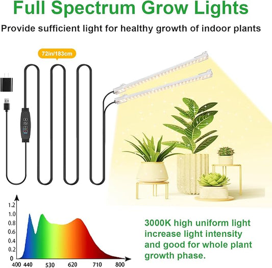 8.6'' Mini LED Grow Light Strips, Full Spectrum 3000K, 52 LED Plant Light with 3/9/12H Timer, 10 Dimmable Levels for Seedling, Succulent and Plant Shelf, 2 Head