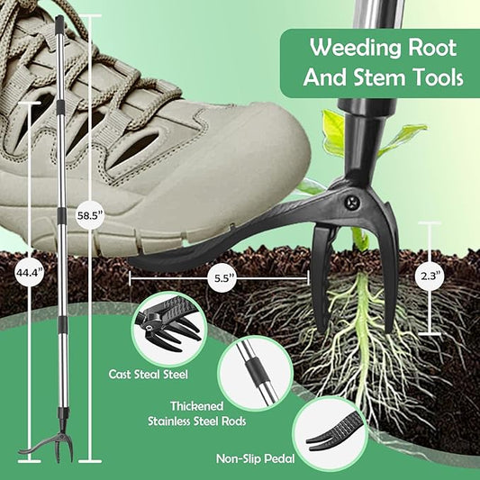 Manual Weed pullerTool,Heavy Duty 12''Flat Shovel, 14''Steel Metal Thatch Rake with Adjustable Long Handle for Leaf & Moss & Edging & Ice & Snow Removal in Lawn,Driveways, Patios, Garden Cracks