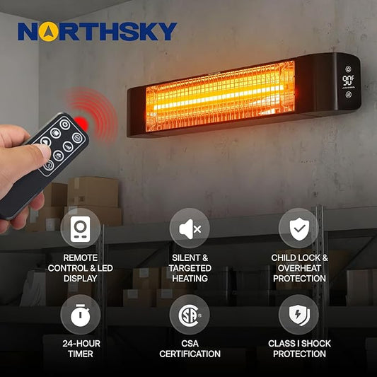 Electric Outdoor Heater 1500W - Patio Heater for Outdoor Use, Silent & Targeted Heating - Smart Control with 24H Timer, IP65 Waterproof - Ideal for Garage, Patio, and Indoor Use