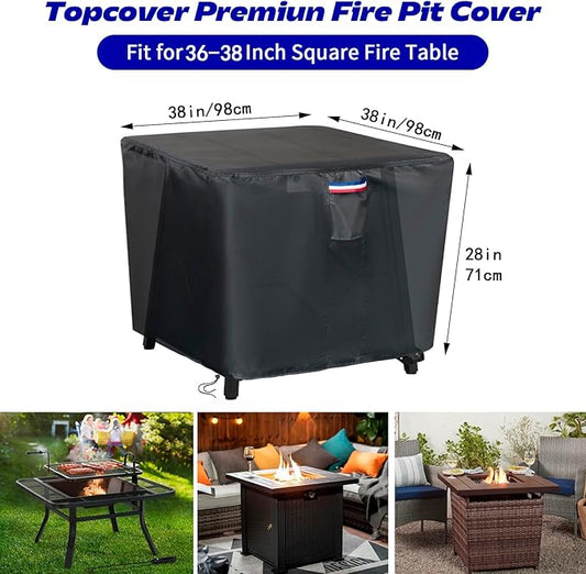 Fire Pit Cover,38 inch Square Propane Gas Outdoor Fire Table Cover,600D Waterproof and Windproof Heavy Duty Fabric Firepits Covers for Patio Table Fireplace -38"Lx38"Wx28"H,Black