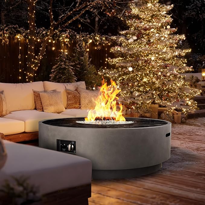 42 Inch Fire Pit Table, Outdoor Propane Fire Pit Table 2 in 1 65,000 BTU Round Gas Firepit, w/Lid, Wind Guard, Glass Rocks, Cover, for Garden, Patio, Grey