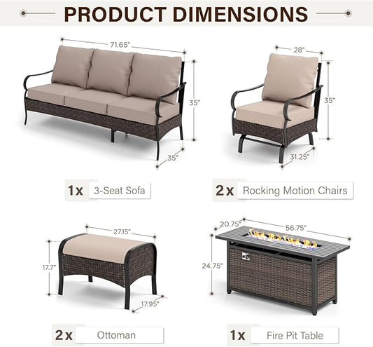 GREEN PARTY Extra Large Outdoor Patio Furniture Set with 56" Fire Pit Table 6 Pieces for 7, Modern Metal Patio Conversation Sets with High Back 3-Seat Sofa, 2 Motion Chairs, 2 Ottoman, 1 Pit Table