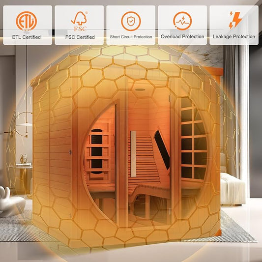 Infrared Wooden Sauna Room with Recliner, 2 Person Infrared Home Sauna, 220V,3400W, 5 Heating Tubes, 4 Carbon Crystal Heating Panel, Bluetooth Speakers, 7 Color Light, Oxygen Bar