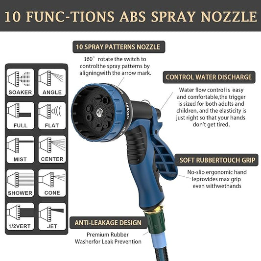 Heavy Duty Non-Expanding Garden Hose 100ft - Durable Reinforced Water Hose with Leak-Proof Construction , Kink-Resistant, TPV material, 10-Function Spray Nozzle, 3/4" Connector & Portable Strap(100FT)