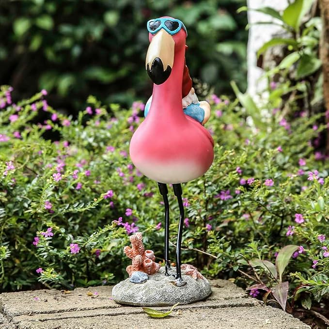 Jy.Cozy Gnome Garden Statue Funny Gnome Reclining on Flamingo Dwarf Figurines Resin Garden Gnomes Fall Decorations Outdoor for Patio Yard Lawn Porch Housewarming Ornament Gift
