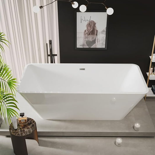 59" Free Standing Tub, Acrylic Soaking Bathtub, Stand Alone Freestanding Tub with Matte Sliver Drain and Overflow, Contemporary Bathtub for Bathroom, Elegant White