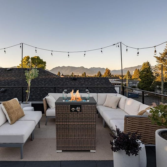 22in Outdoor Propane Gas Fire Pit Table, 40,000 BTU Auto-Ignition Gas Firepit with Glass Wind Guard, Painted Steel Tabletop, Mixed Color Glass Rocks, Brown PE Rattan