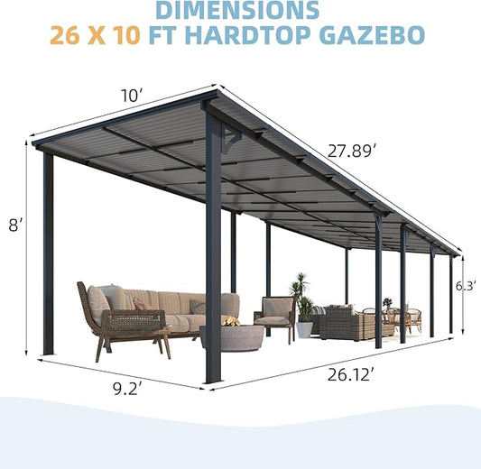 AECOJOY 10' x 28' Gazebo for Patio, Large Wall-Mounted Hard Top Lean-to Gazebo Pergola with Roof 28' x 10' on Clearance, Heavy Duty Patio Awnings for Decks, Backyard