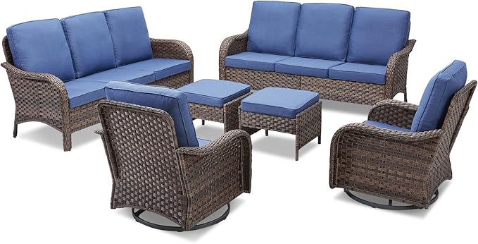 Wicker Outdoor Patio Furniture Set-6 Pieces All-Weather Wicker Outdoor Furniture with Swivel Rocking Chairs Set of 2 Patio Conversation Sets for Garden,Backyard,Deck Brown/Blue