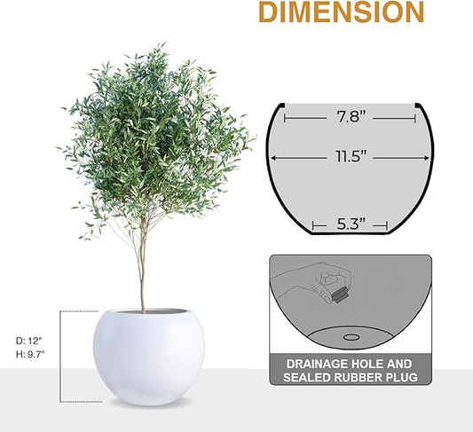 9.7" H x 12" D Globo Fiberstone Round Planter - Christmas Tree Planter, Smooth Finishes, Weather Resistant for Indoor & Outdoor Use, Included 2 Extra Coco Mats (White, 7.8" Pot Opening)