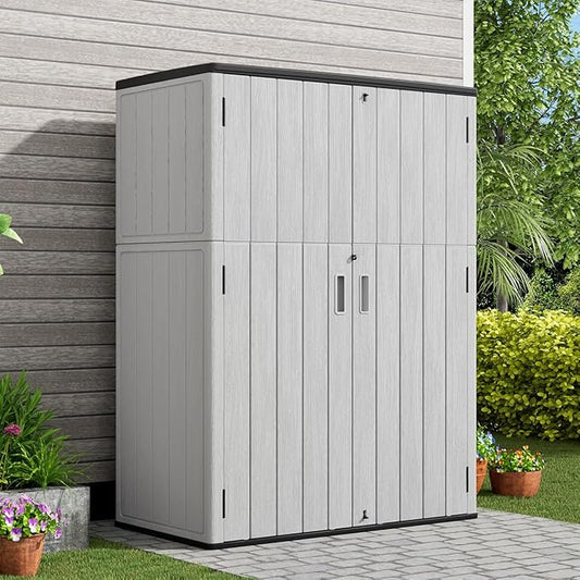 KINYING Outdoor Vertical Storage Shed,57 Cu.ft Outdoor Storage Cabinet Waterproof,Resin Sheds & Outdoor Storage Clearance for Garden,Patio,Backyard,Lockable (Grey)