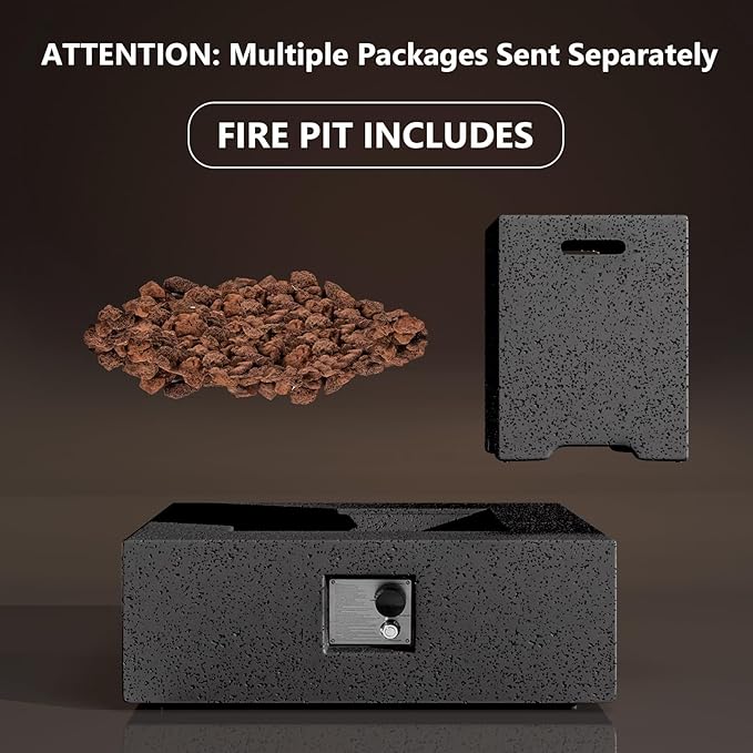 COSIEST Outdoor Propane Fire Pit Coffee Table w Square Faux Stone 35-inch Base, Certified, 50,000 BTU Stainless Steel Burner, Free Lava Rocks and Rain Cover,Tank Cover, Gray