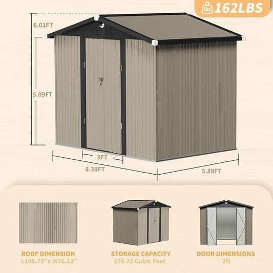 Outdoor Storage Shed 8x6 FT,Metal Tool Sheds,Waterproof Outside Storage Sheds,Large Storage Building with Lockable Door