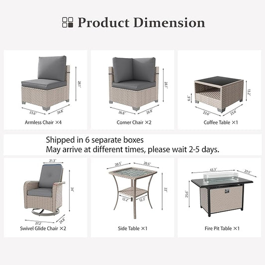 11 Pieces Patio Furniture Set with Fire Pit Table, Outdoor Sectional Wicker Sofa with Thick Cushions, High Back Swivel Rocker Patio Chairs, Rattan Conversation Set with Coffee Table, Grey