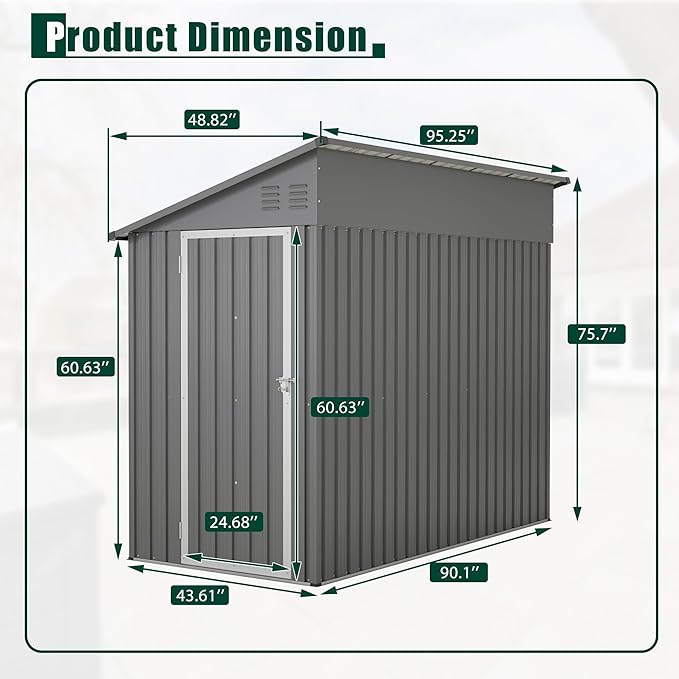 8x4 FT Outdoor Storage Shed, Metal Shed with Lockable Door, Sloping Roof, All-Weather Lean to Resin Shed for Garden, Backyard, Patio, Lawn (Gray)