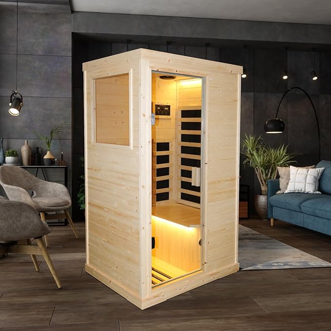 Infrared Sauna Home Traditional Sauna for Home Low EMF 1100W for 1 Person Relaxing Backboard with Control Panel, Bluetooth Speaker, Reading Lamp,Top Starry Sky (Natural Wood, 37.4”×27.5“×67.3”)