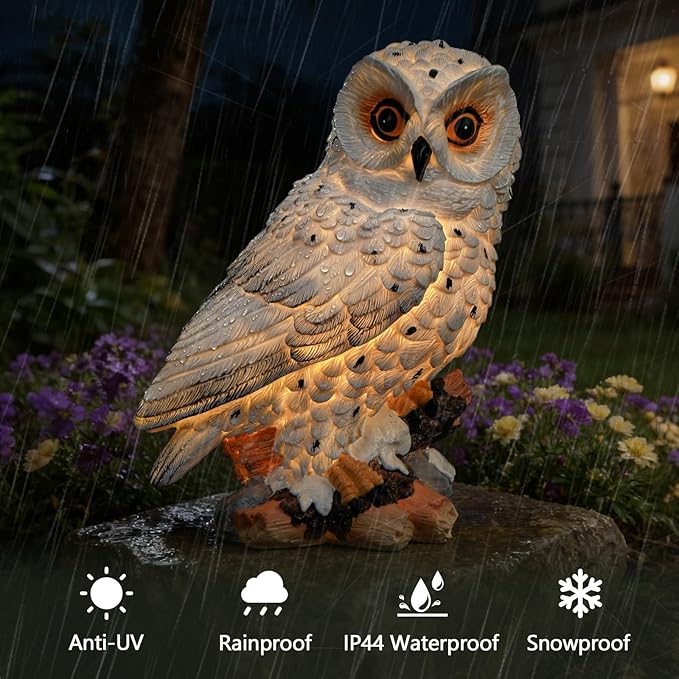 Ayadon Solar Owl Garden Outdoor Statue,Owl Figurine Sculpture with LED Lights for Porch Patio Lawn Yard Deck Decor - Ideal Housewarming Christmas Gift for Women Men Owl Lover(White)