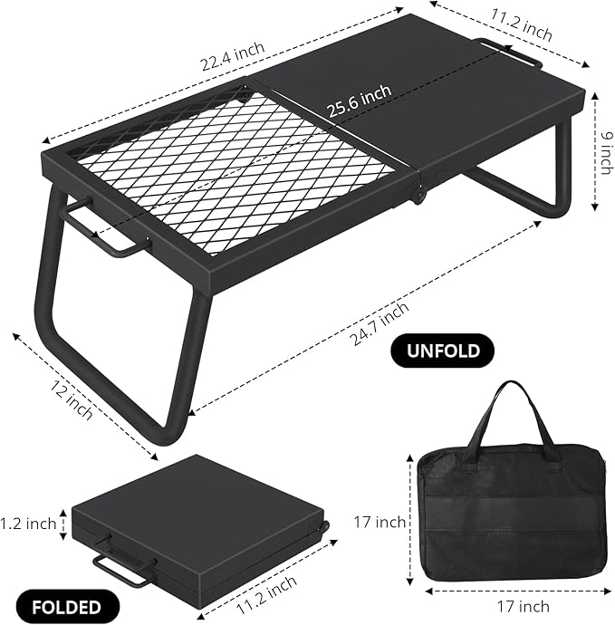 Portable Campfire Grill, Heavy Duty Steel Mesh Grate and Roasting Pan, Foldable, 22.4 x 11.2'' Camping Grates, Camping Essentials with Carrying Bag, for Outdoor Campsite & Party