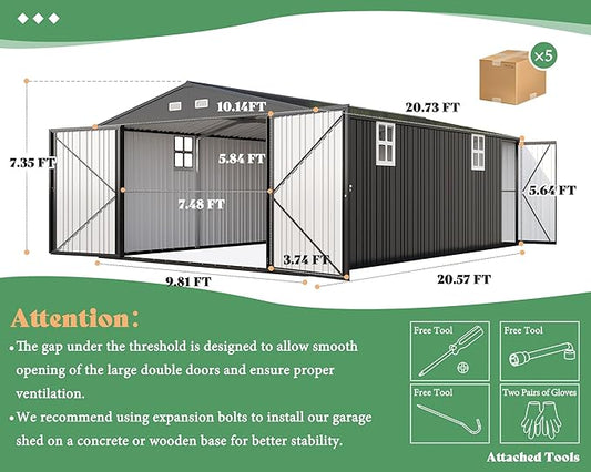 AMERLIFE 10x21x7.3 FT Outdoor Metal Garage Shed, Extra Large Storage Shed with Double Hinged Doors & 4 Windows, Carport for Car, Midsize SUV and Equipment Storage, Dark Gray