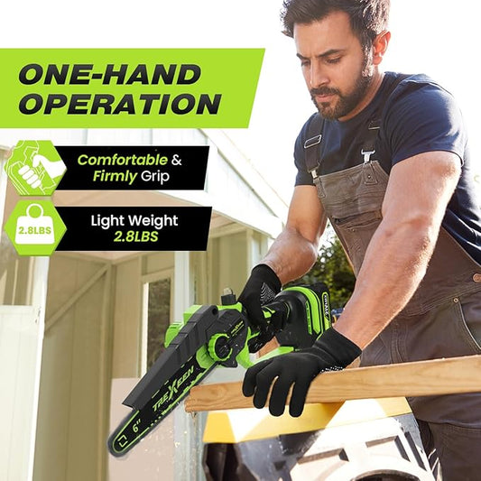 Mini Chainsaw, 6-Inch Electric Chainsaw Cordless, Upgraded 900W Brushless Portable Handheld Small Chain Saw with Auto Chain Regulator & Auto Oiler for Wood Cutting/TreeTrimming/Courtyard (Green)