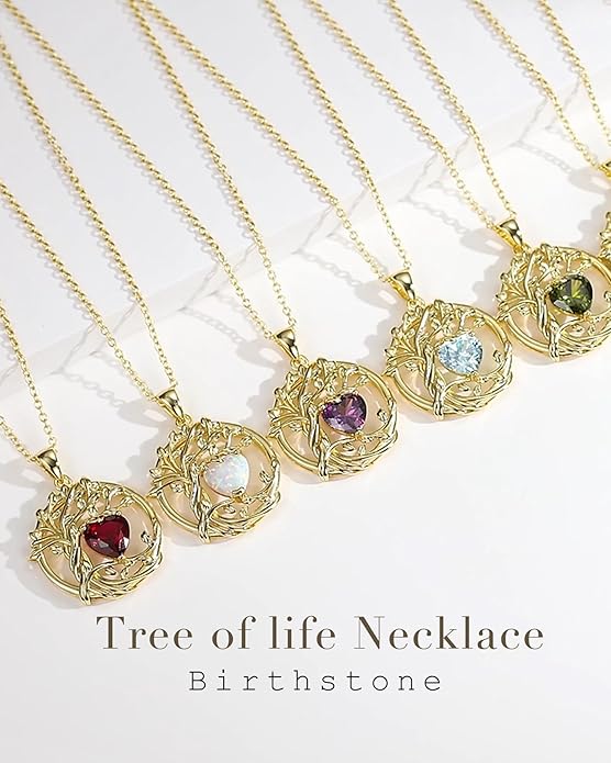FANCIME Tree of life Birthstone necklace Sterling Silver Pendant Birthstone Necklace Gemstone Anniversary Birthday Jewelry Christmas Gifts for Mom Her Wife