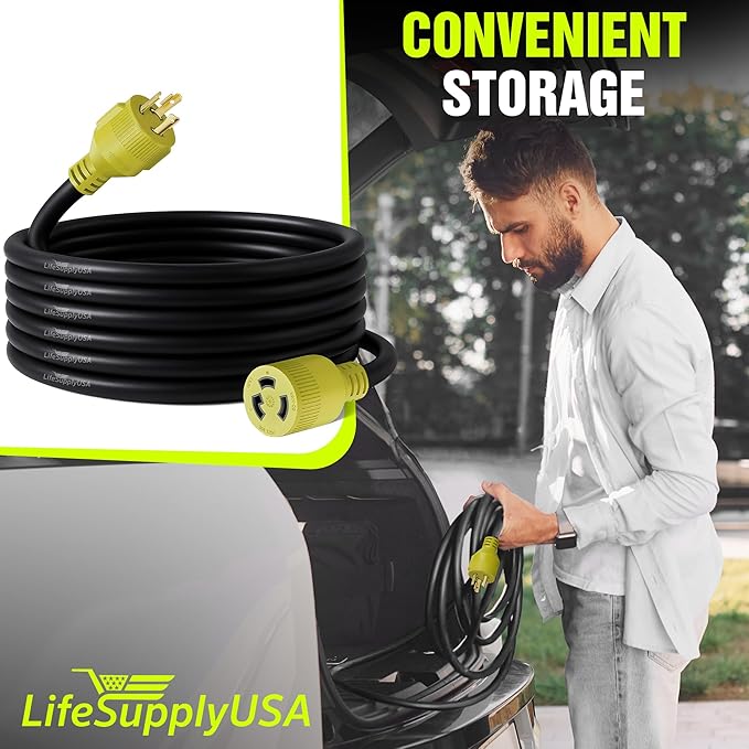 25ft Generator Extension Cord 30 AMP 3-Prong (L5-30P/L5-30R) - 10AWG3 125/250V STW - Hook and Loop Strap ETL Listed by LifeSupplyUSA