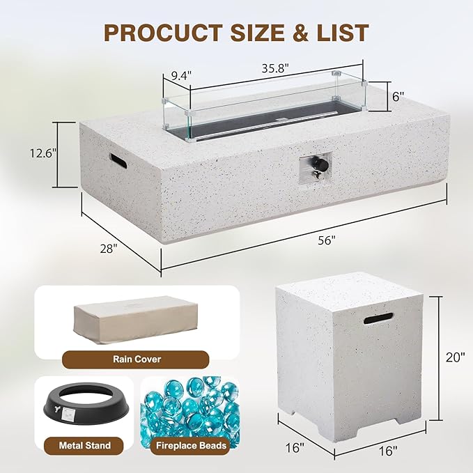 2-Piece Outdoor Propane Fire Pit Table Set – Premium Terrazzo-Like MgO Finish, 56-Inch Gas Fire Table with Glass Wind Guard for Patio, Garden & Backyard, Includes Rain Cover & Glass Beads