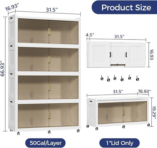 800QT Extra Large Storage Bins with Lid and Wheels, 200Gal Stackable Closet Organizers and Storage Cabinet, Collapsible Storage Box Drawer with Doors for Home Kitchen Office Dorm, 4Pack White
