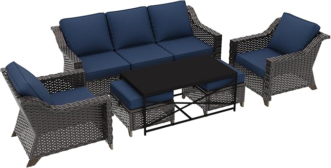6 Pieces Outdoor Conversation Furniture Set - 77" Patio Sofa, 2 Armchairs, 2 Ottomans, 1 Metal Table, Patio Wicker Couch Set with Washable Cushions for Swimming Pool (Navy Blue)
