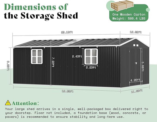 AMERLIFE 12x20x7.2 FT Outdoor Storage Shed with 2 Transparent Panels, Metal Garden Shed with Hinged Double Doors, Windows & Vents, Reinforced Steel Frame for Backyard Garden, DIY Workshop, Dark Gray