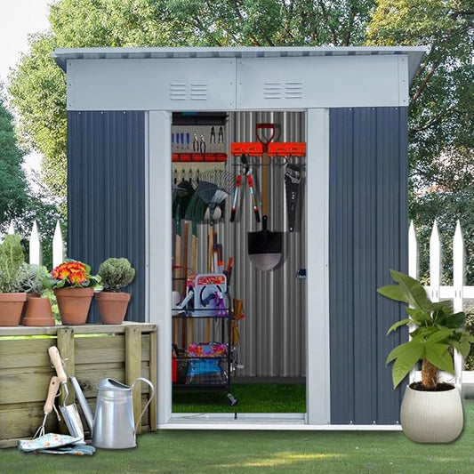 5' x 3' Outdoor Metal Storage Shed Outdoor Shed Galvanized Steel Garden Shed with Sliding Door and Window for Ventilation Storage Sheds House for Backyard Garden.(Grey)