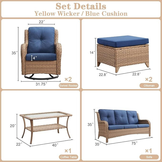 Belord Wicker Outdoor Furniture Patio Furniture Set - 6 Piece Patio Conversation Set with Swivel Rocker Chairs, Rattan Sofa, Ottomans and Coffee Table, Blue Cushion