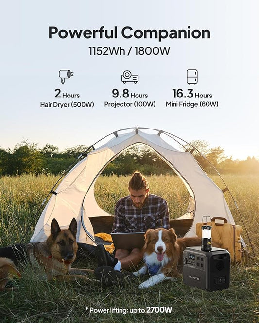BLUETTI AC180 Solar Generator with 350W Solar Panel (Ships Separately), 1152Wh Portable Power Station w/ 4 1800W (2700W Surge) AC Outlets, LFP Power for Outdoor Camping, Trip, Power Outage