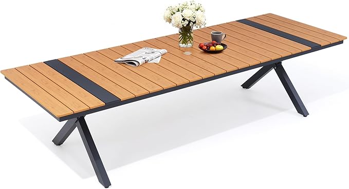 Pellebant 118" Outdoor Dining Table for 8-12, Aluminum Patio Dining Table with Umbrella Hole, Waterproof Wood-Like Tabletop for Lawn Garden Backyard, Brown
