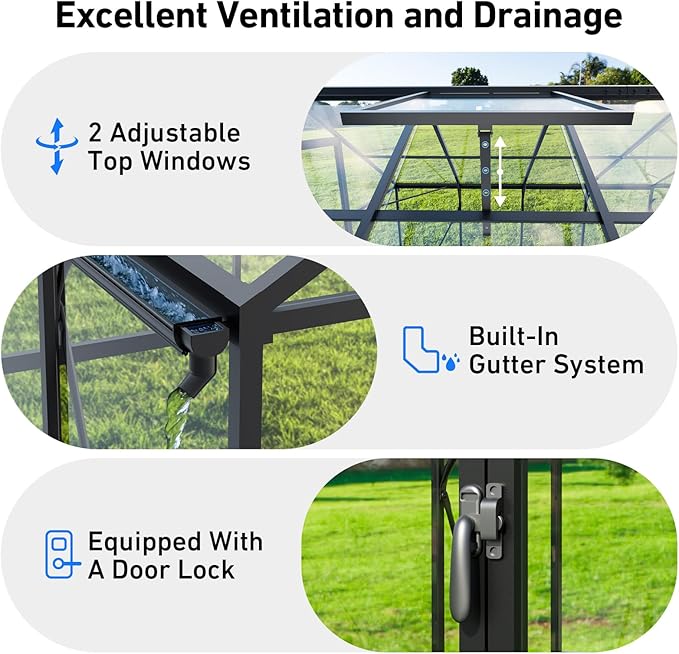 Outdoor Greenhouse with 3mm Transparent PC Panels, Small Walk-in Greenhouse,Vented Roof Window, Windproof Aluminum Frame with Quick-Installation Structure, Suitable for Gardening