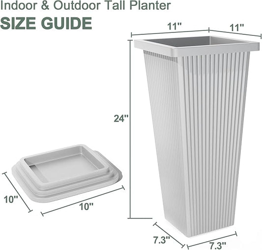 Tall Planters Set of 2, Large Indoor Outdoor Flower Pots with Tray Modern Tapered Planter for Patio, Garden, Porch, Backyard (White Ribbed 24")