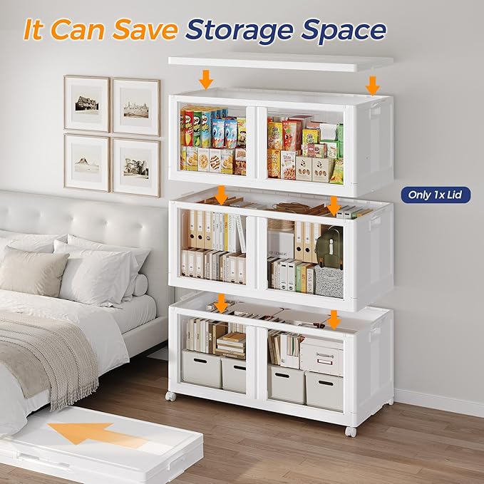 360Qt Stackable Storage Bins with Lid and Wheels, 90Gal Plastic Closet Organizer and Storage Drawer, Large Collapsible Storages Box Cabinet with Clear Door for Home Kitchen Office, 3Pack White