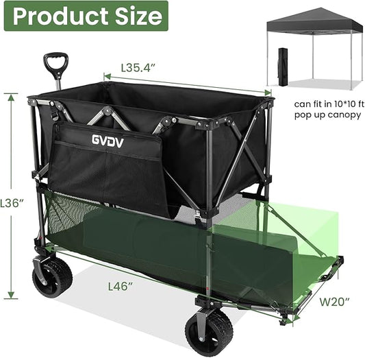 GVDV Double Decker Wagon 500LB Capacity & 400L Collapsible Carts with All-Terrain Wheels, 46" Extra Long Extender Cart with Nylon Netting, Foldable Wagon for Beach Camping Garden Sports