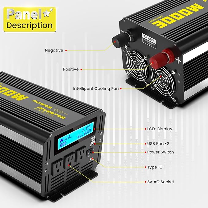 3000 Watt Modified Sine Wave Power Inverter, 12V DC to AC 110V/120V (Peak) 6000W Converter 3 Outlet Car Inverter with Remote Control and LED Display 3.4A USB Port