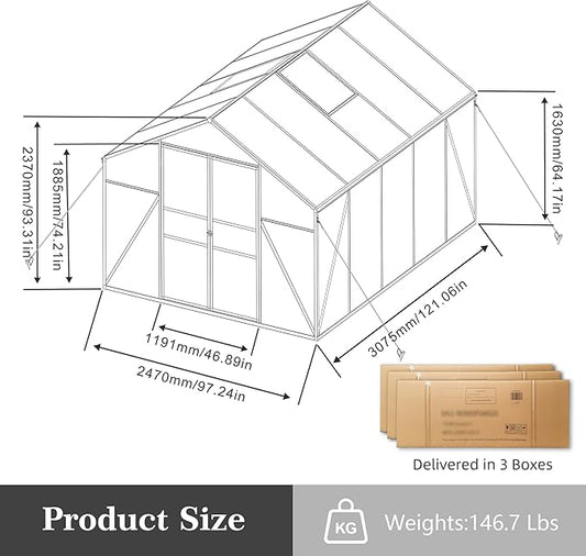 KEIKI 8x10 FT Polycarbonate Greenhouse for Outdoors, Durable Aluminum Walk-in Greenhouse with Gutter Drainage & Tall Growing Space for Plants, Black
