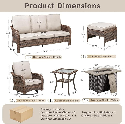 7 Pieces Patio Furniture Set with 42.5" Fire Pit Table-All Weather Wicker Outdoor Furniture with High Back Swivel Patio Chairs Set of 2 Outdoor Couch for Deck Balcony Backyard Brown/Beige
