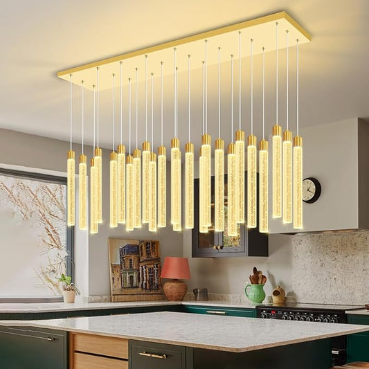 24-Lights Gold Modern Rectangular Crystal Chandeliers LED Dimmable Pendant Light for Kitchen Island Dining Room Entrance Foyer Living Room Adjustable Height