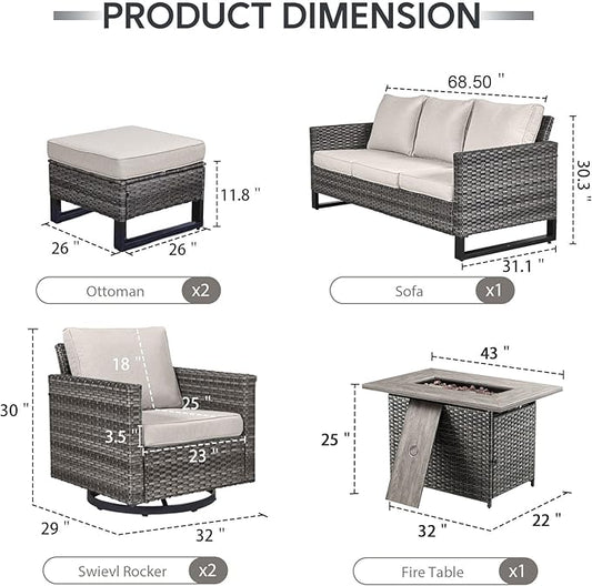6 Piece Wicker Patio Furniture with Fire Pit Table - Outdoor Conversation Set with 50,000 BTU Fire Pit, All Weather Rattan Patio Set for Deck Backyard Garden - Grey Wicker Beige Cushion