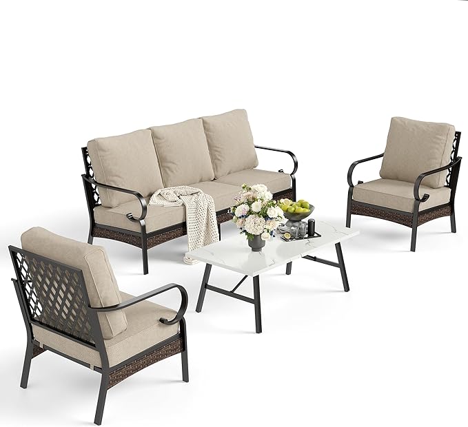 4 Piece Metal Outdoor Patio Furniture Set, Patio Conversation Sets 1 3-Seater Sofa, 2 Chairs with 5.75" Extra Thick Cushion and Coffee Table, Black Frame Backyard Furniture, Beige