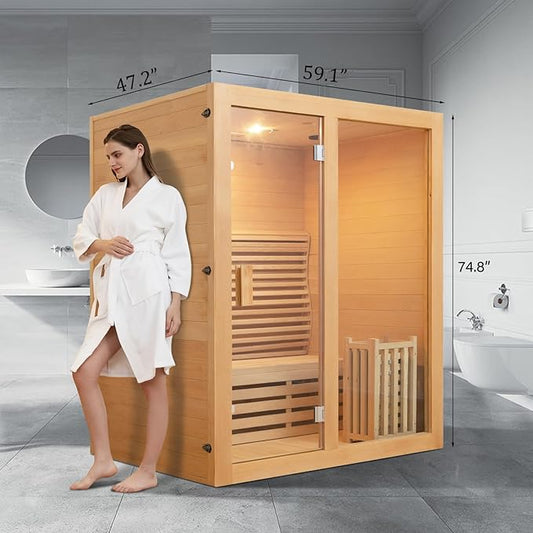ZONEMEL Wooden Steam Sauna Room, 2-3 Person Canadian Hemlock Luxurious Indoor Sauna with 4.5 KW Harvia Stove Heater, WiFi Control, Sauna Stone, Wooden Bucket, Scoop, Reading Light, Hourglass, 220V