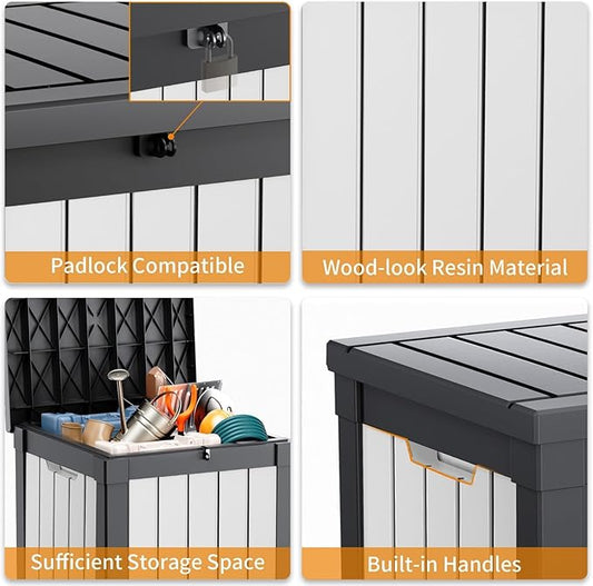 Vixzen 50 Gallon Resin Deck Box, Lockable Outdoor Storage Box for Patio Cushions Storage Furniture,Garden Tools, Pool Supplies, Weatherproof and UV Resistant- Black and White