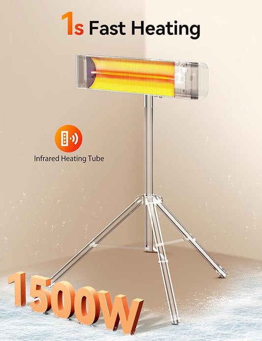 VAGKRI Outdoor Heaters, 1s Heating Electric Infrared Patio Heaters with Remote, IP65 Waterproof, 12H Timer, 3 Heat Levels, Electric Wall Heaters with Tripod Stand for Home, Office, Patio and Garage