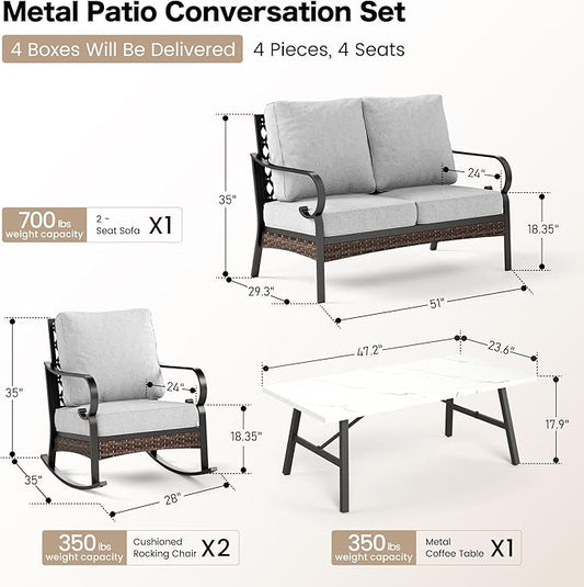 4 Piece Metal Outdoor Patio Furniture Sets, Patio Conversation Sets 1 Loveseat, 2 Rocking Sofa with 5.75" Extra Thick Cushion & Coffee Table, Balck Frame Backyard Furniture, Light Gray