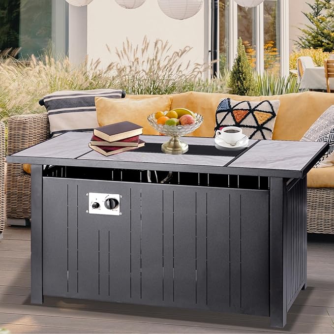 47" Propane Fire Pit Table with Real Ceramic Tabletop, 50000 BTU Gas Firepit Table with Lid & Lava Stones, Outdoor Fire Pit for Dining or Party, Firepit for Outside, Patio