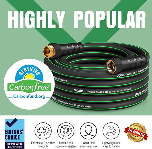 Garden Hose 25ft with 10 Function Nozzle, NON-EXPANDABLE Flexible Water Hose, Kink Resistant Lightweight Hybrid Hose, Leakproof Hose Male to Female Fittings